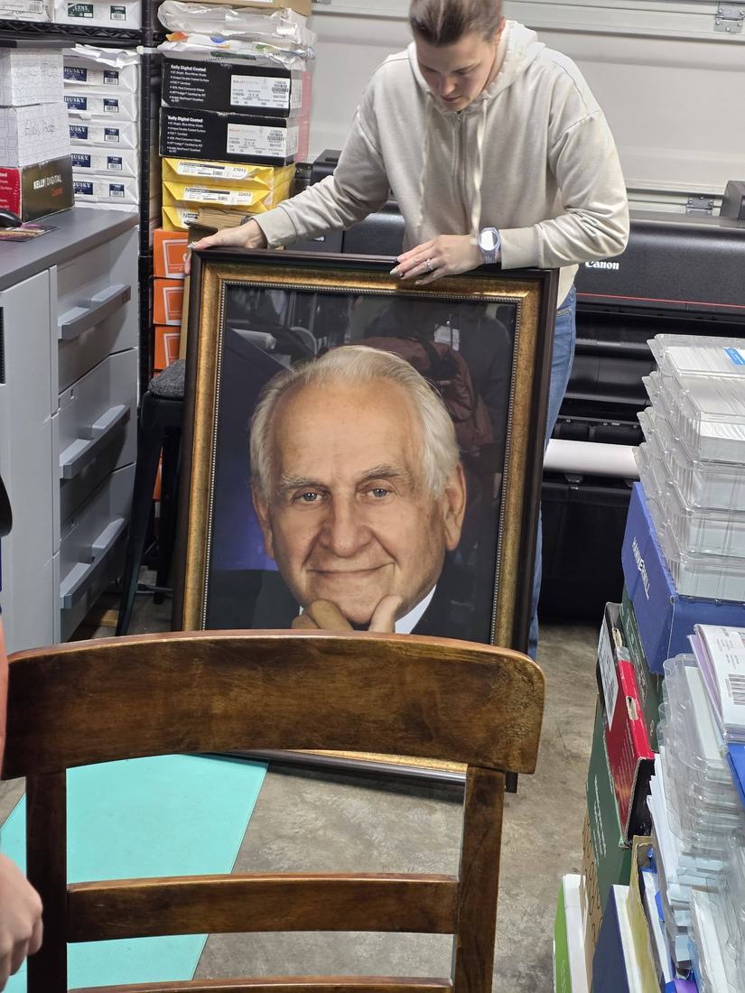 Framed memorial portrait, printed and framed with care